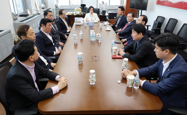 국민의힘 이인선 대구시당위원장을 비롯한 대구 지역 의원들이 19일 국회에서 당내 경선 방식 및 후보 선출 방안을 논의하고 있다. 연합뉴스