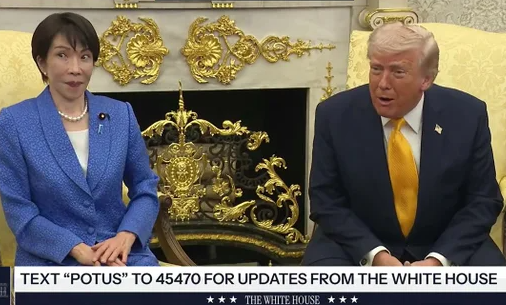 도널드 트럼프 미국 대통령(오른쪽)이 19일(현지시간) 워싱턴 DC 백악관에서 열린 다카이치 사나에 일본 총리와의 정상회담 도중 