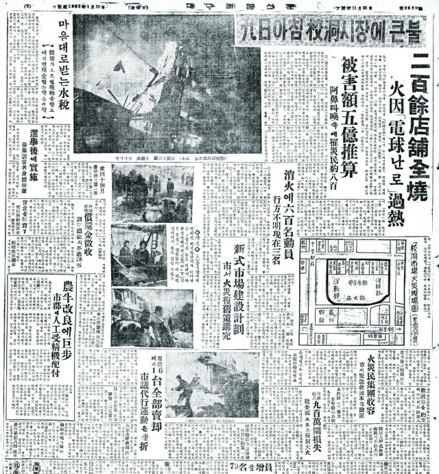 1958년 1월9일 대구매일신문 3면에 게재된 교동시장 화재 기사.