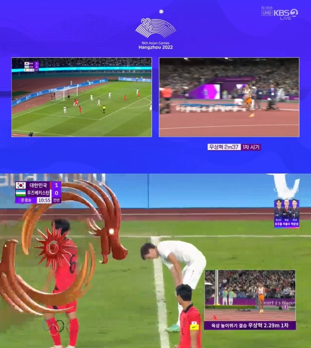 2023년 10월 4일 당시 항저우 아시안게임 남자축구 4강 한국 대 우즈베키스탄의 경기와 남자 높이뛰기 우상혁의 경기를 화면 분할과 미니화면으로 동시중계한 모습. KBS2, TV조선 화면 캡처