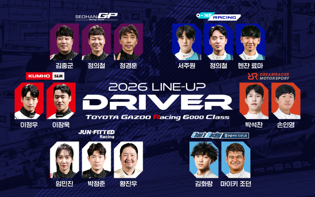국내 대표 모터스포츠 대회인 오네 슈퍼레이스 챔피언십 토요타 가주 레이싱 6000 클래스의 참가 선수들이 공개됐다. 오네 슈퍼레이스 챔피언십 제공