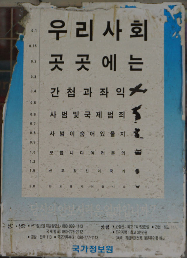 과거 국정원(국가정보원)에서 만들어 골목길에 붙인 간첩 신고 홍보 시력검사표. 황희진 기자