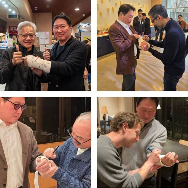 최태원 SK그룹 회장의 깁스에 사인하는 거물들. (왼쪽 위부터 시계방향으로) 젠슨 황 엔비디아 CEO, 순다르 피차이 구글 CEO, 마크 저커버그 메타 CEO, 손정의 소프트뱅크그룹 회장. 최태원 회장 SNS 캡처.