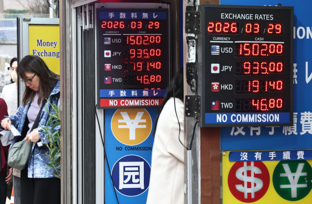 중동 전쟁으로 외국인 투자자 코스피 순매도 규모가 역대 최대치를 보이면서 원/달러 환율 평균이 1,490원 선으로 역대 4위 수준에 올랐다. 29일 서울 중구 명동의 한 환전소 시세표에 원/달러 환율이 1502원으로 표시돼 있다. 연합뉴스