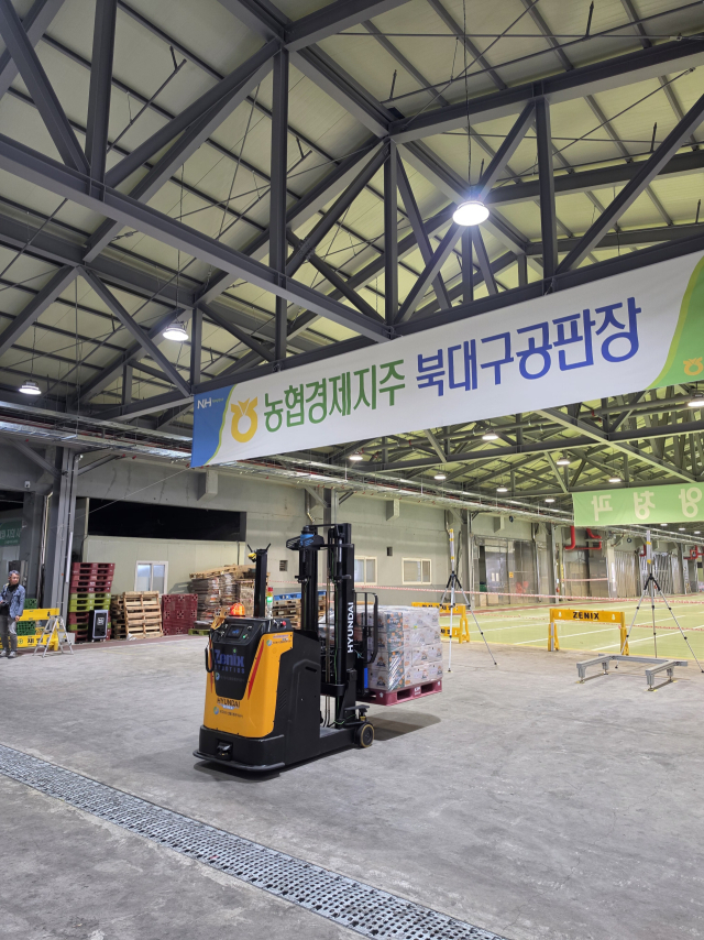 30일 오후 대구 북구 농수산물도매시장에서 무인 지게차가 과일 상자를 적재한 파렛트를 옮기고 있다. 정우태 기자