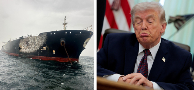 지난달 31일(현지시간) 아랍에미리트(UAE) 두바이 항구에서 이란의 공격으로 피해를 입은 쿠웨이트 국적 원유 유조선 