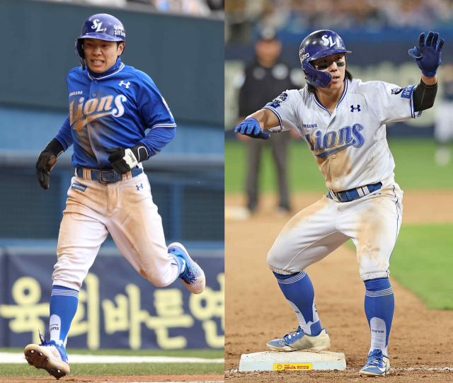 삼성 라이온즈의 김지찬(왼쪽)과 김성윤. 삼성 제공