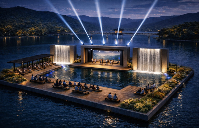 안동시가 관광거점도시 육성을 본격화하고 있다. 사진은 안동호 보조호수에 들어설 수상공연장 조감도. 안동시 제공