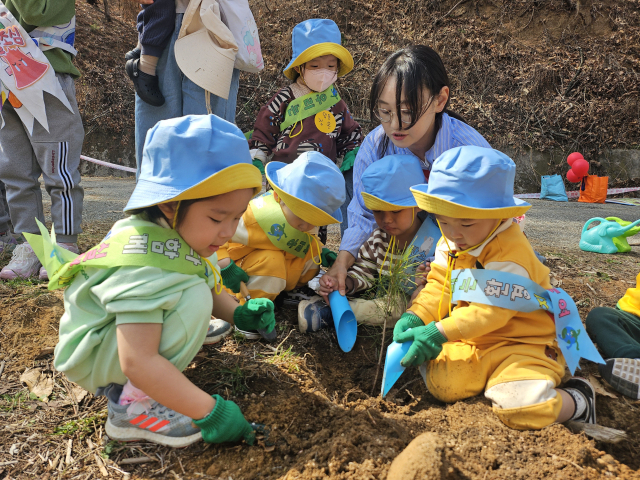 3일 안동지역 어린이집 원생들이 식목일을 맞아 지난해 산불피해지역을 방문해 나무를 심고 산불예방 캠페인을 펼쳤다. 한국숲유치원협회 경북지회 안동분회 제공