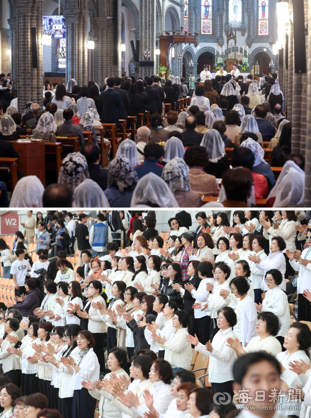 5일 부활절을 맞아 천주교대구대교구 계산성당에서 신자들이 