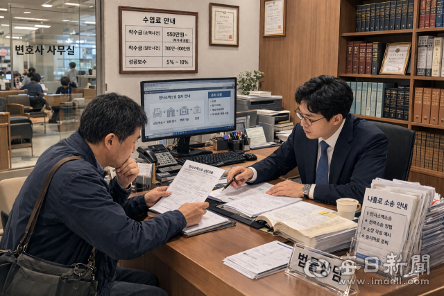 변호사 사무실을 찾은 시민이 민사소액소송 상담을 받고 있다. 수임료 안내판에 표시된 착수금만 550만 원. 소액 분쟁 당사자 상당수는 이 벽을 넘지 못하고 나홀로 소송을 택한다. AI로 생성한 이미지.