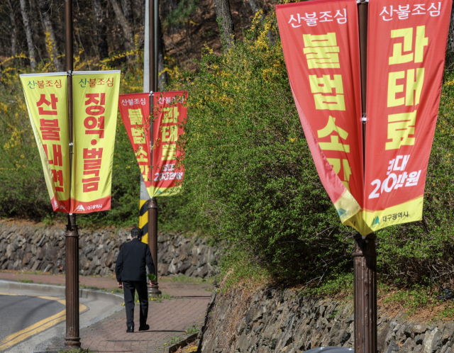 8일 대구 남구 앞산순환로에 불법소각 과태료 200만원, 산불 발생 시 징역·벌금 등을 알리는 현수막이 줄지어 걸려 있다. 매일신문DB
