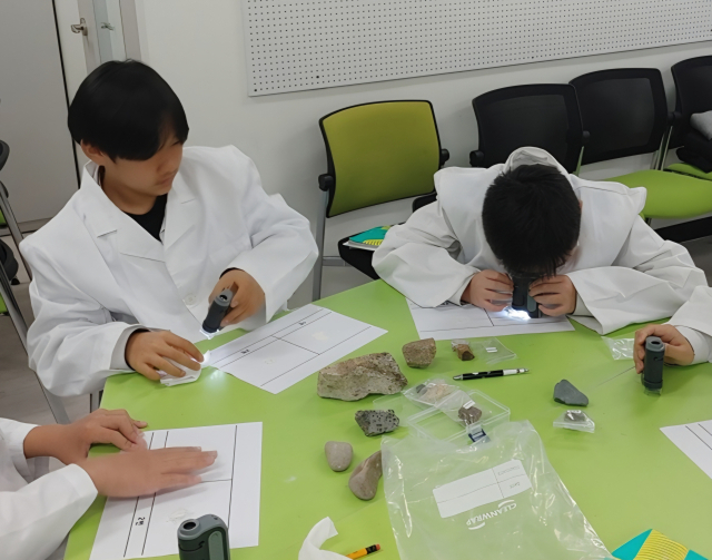 청송중학교 학생들이 청송지역에서 채취한 암석을 관찰하는 모습. 청송교육지원청 제공