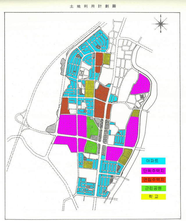 1988년 칠곡지구 토지이용계획도. 계획 내부에는 아파트와 연립주택, 단독주택뿐만 아니라 유흥시설과 학교, 녹지 구간도 담겨 있다. 국가기록원 제공.