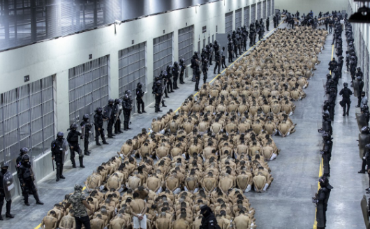엘살바도르 대형 수용시설에 도열한 수감자들. 엘살바도르 대통령실 제공. AP 연합뉴스