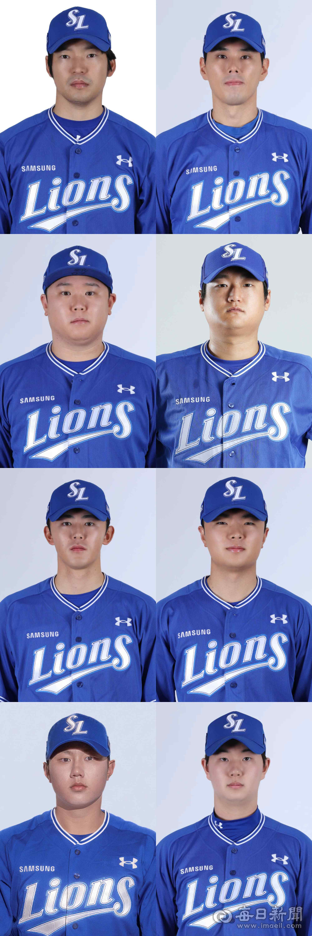 삼성 라이온즈 불펜. 윗줄 왼쪽부터 시계 방향으로 백정현, 김재윤, 최지광, 이승민, 장찬희, 배찬승, 미야지 유라, 이승현. 삼성 제공