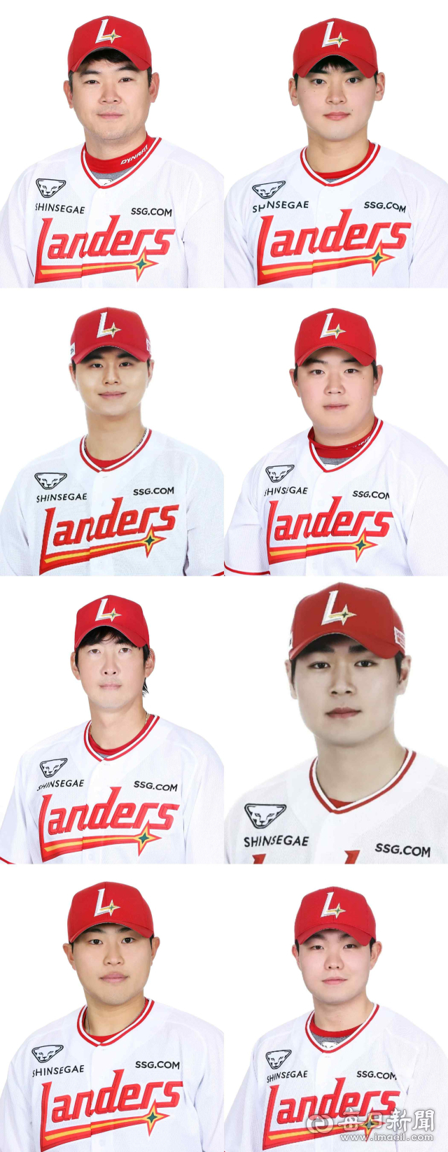 SSG 랜더스 불펜. 윗줄 왼쪽부터 노경은, 조병현, 이로운, 전영준, 박시후, 한두솔, 문승원, 김민. SSG 제공