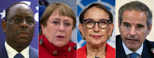 차기 유엔 사무총장 후보들의 사진. 왼쪽부터 마키 살 전 세네갈 대통령, 미첼 바첼레트 전 칠레 대통령, 레베카 그린스판 전 코스타리카 부통령, 라파엘 그로시 국제원자력기구(IAEA) 사무총장. AFP 연합뉴스