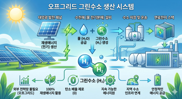 AI(제미나이)로 만든 오프그리드 그린수소 생산 개요.