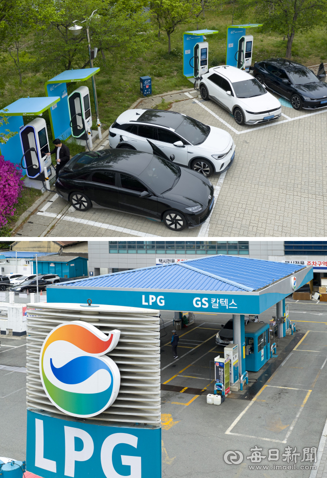 22일 경북 칠곡 동명휴게소 내 전기차충전소가 충전하려는 차량들로 가득 찬 모습이다.(위쪽) 반면 대구 도심 속 한 LPG 충전소는 한산한 모습을 보이고 있다. 안성완 기자 asw0727@imaeil.com