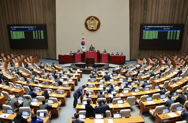 23일 국회에서 열린 4월 임시국회 7차 본회의에서 진실·화해를위한과거사정리위원회 위원 선출안 등이 통과되고 있다. 연합뉴스