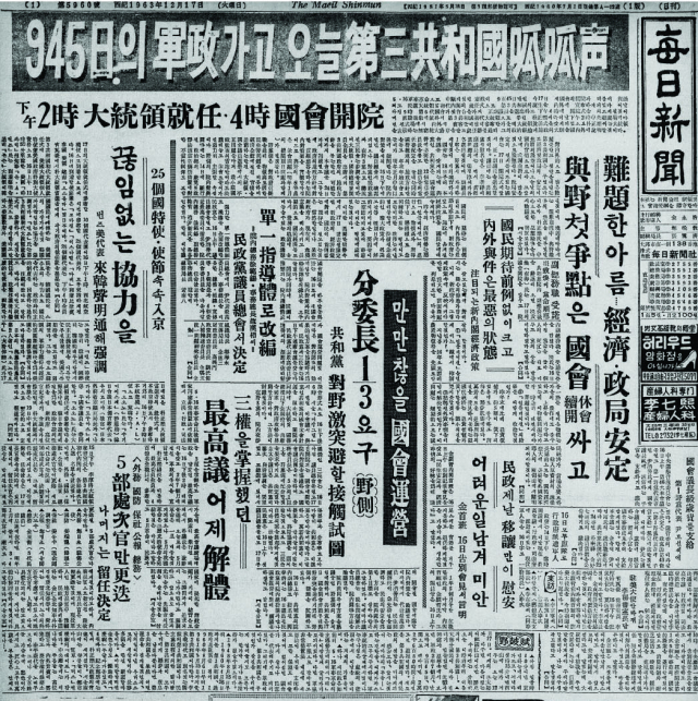 1963년 12월 17일자 매일신문 1면. 박정희 대통령 취임과 함께 제3공화국의 출발을 알리고 있다. 매일신문 DB