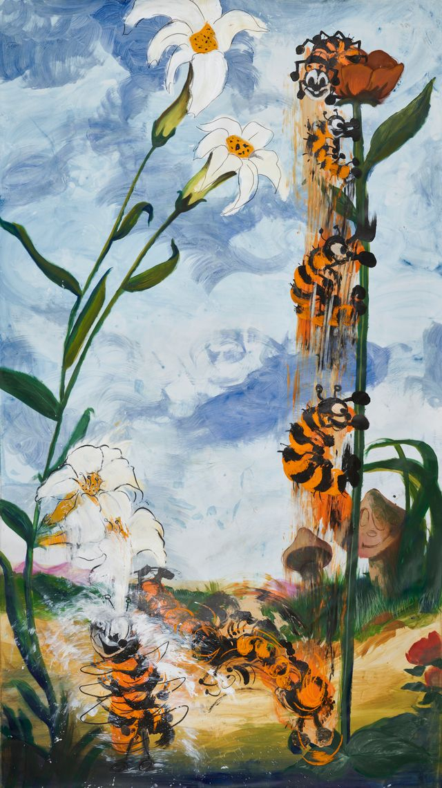 Flowers and Trees_Worm Shower, 2026, Acrylic, Oil, Spray on canvas, 346x215cm