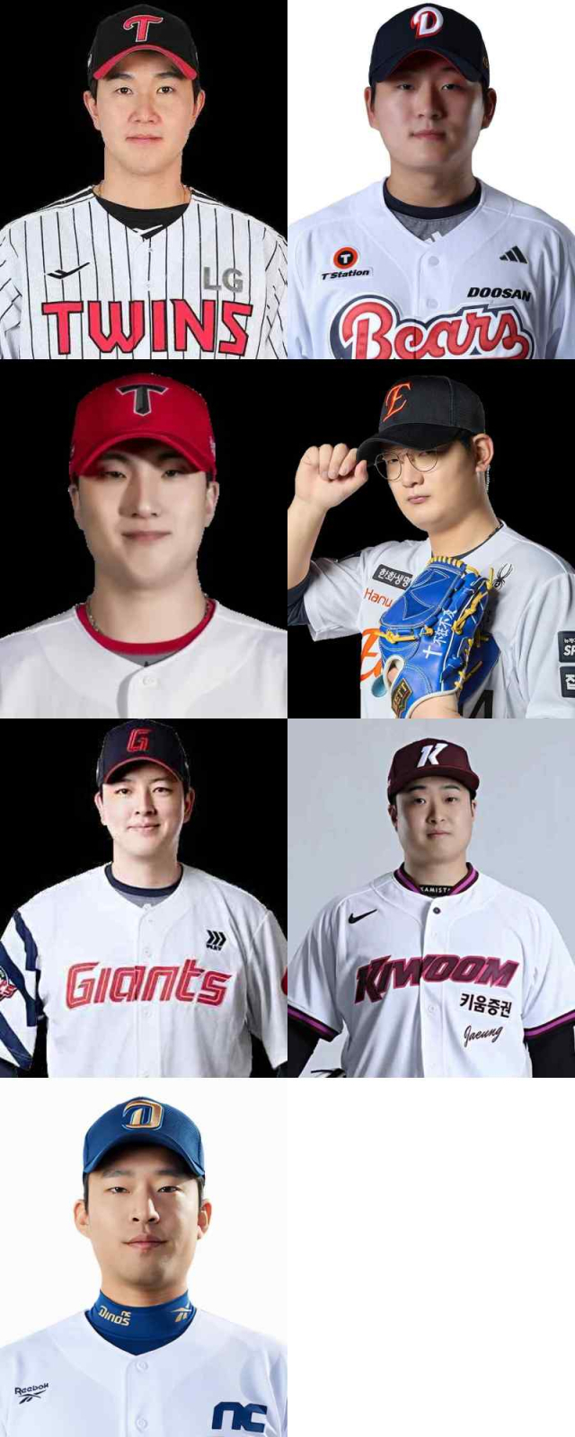 프로야구 각 구단의 마무리 투수. 윗줄 왼쪽부터 시계 방향으로 LG 트윈스의 유영찬, 두산 베어스의 김택연, 한화 이글스의 김서현, 키움 히어로즈의 김재웅, NC 다이노스의 류진욱, 롯데 자이언츠의 김원중, KIA 타이거즈의 정해영. 각 구단 홈페이지 제공