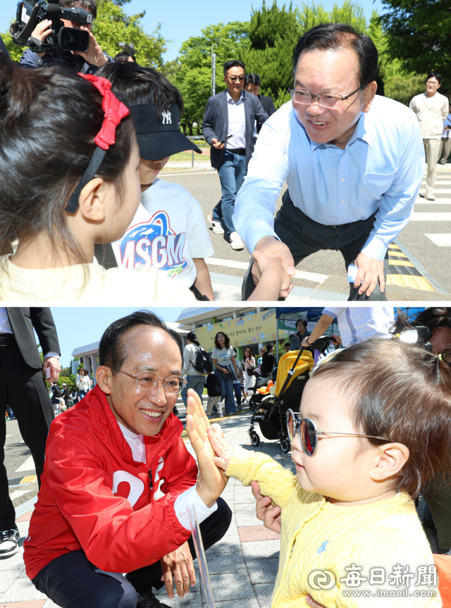 대구시장에 출사표를 던진 더불어민주당 김부겸(위쪽) 예비후보와 국민의힘 추경호 예비후보가 어린이날인 5일 대구시와 대구시교육청, 매일신문사 공동 주최로 어린이세상 일원에서 열린 