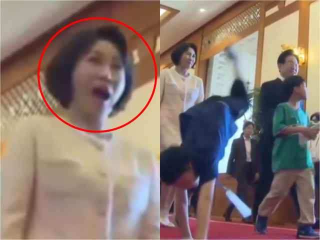 김혜경 여사가 행사에 참여한 한 초등학생의 깜짝 옆구르기에 보인 반응이 온라인상에서 화제가 되고 있다. KTV 캡처.