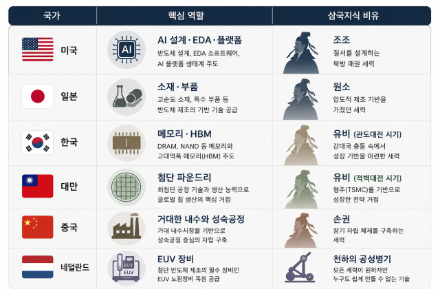미국, 일본, 한국, 대만, 중국, 네덜란드 반도체 산업 특징. AI로 형성한 이미지