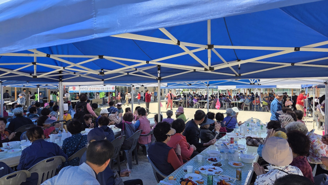 영주 동부초등학교 운동장에서 마련된 휴천1동 주민자치위원회 어버이날 나눔잔치에 많은 어르신들이 참여해 즐거운 시간을 보내고 있다. 영주시 제공