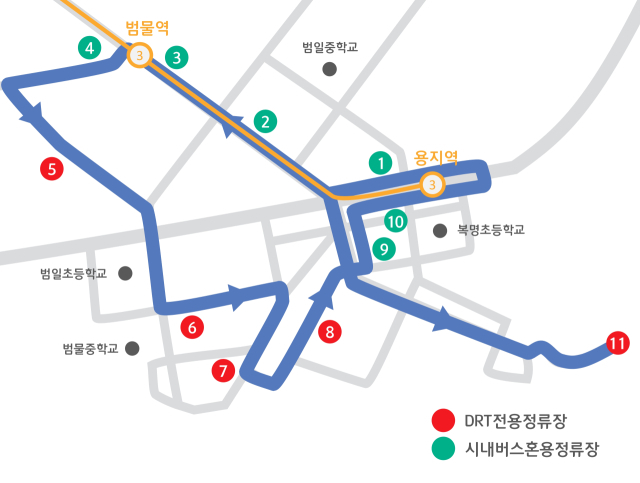 대구 수성구 범물동 일대 DRT 노선도. 8번 수성하늘채리레브와 11번 진밭골야영장 2곳 3개 지점에 횡단보도가 신설될 예정이다. 대구교통공사 홈페이지