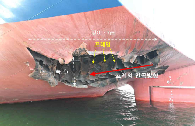 지난 4일 호르무즈 해협에서 일어난 한국 선박 화재 사건은 미상 비행체의 타격에서 비롯됐다고 정부가 밝혔다. 외교부는 10일 이 같은 내용의 정부 합동 조사 결과를 발표하며 현장 조사단이 기록한 사진을 공개했다. 선체 하단에서 확인된 폭 5ｍ·깊이 7ｍ 파공. [외교부 제공. 재판매 및 DB 금지] 연합뉴스