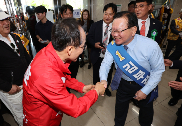 더불어민주당 김부겸 대구시장 예비후보와 국민의힘 추경호 대구시장 예비후보가 9일 대구 북구 대구실내체육관에서 열린 국제라이온스협회 대구지구 연차대회에서 만나 악수하고 있다. 연합뉴스