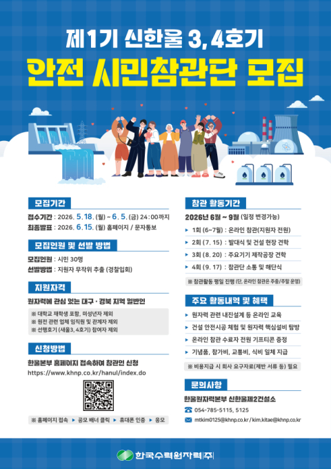 신한울3, 4호기 1기 안전 시민참관단 모집한다