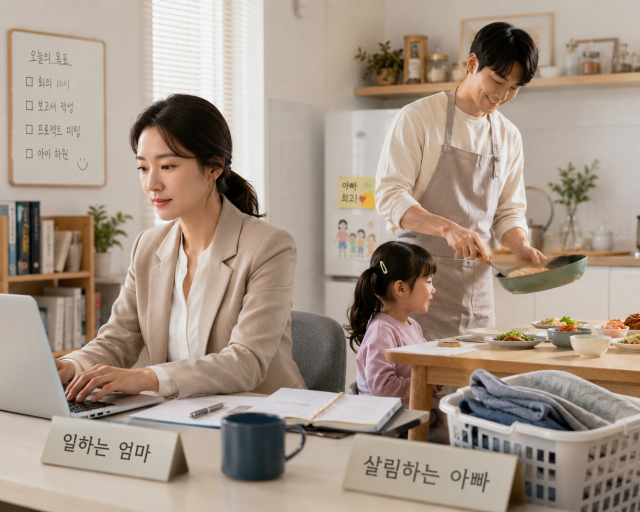 일하는 엄마, 살림하는 아빠. AI로 생성한 이미지.