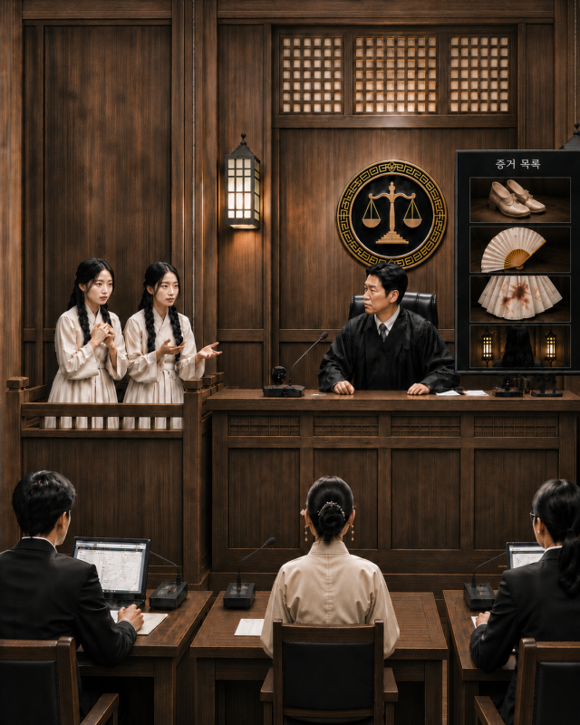 장화와 홍련, 그리고 계모가 현대 법정에 선다면?. AI로 생성한 이미지