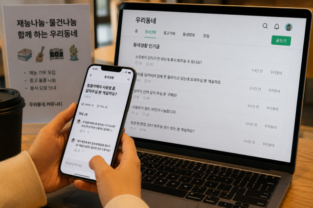 지역 기반 온라인 커뮤니티를 통해 재능 나눔과 물품 공유, 생활 도움 요청 등이 이뤄지고 있다. 스마트폰과 노트북 화면에는 동네 주민들이 올린 도움 글과 나눔 게시글이 담겼다. AI로 생성한 이미지