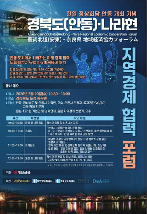 [한일정상회담]'한일 지역경제 협력 포럼' 20일 경북도청서 개최...한일 정상회담 계기 경제협력 물꼬