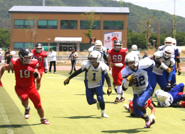 계명대 러닝백 최부건(42)이 17일 군위 종합운동장에서 열린 2026 대구경북 대학 미식축구 춘계리그 경기 도중 대구한의대의 측면을 돌파하고 있다. 대구경북 미식축구협회 제공