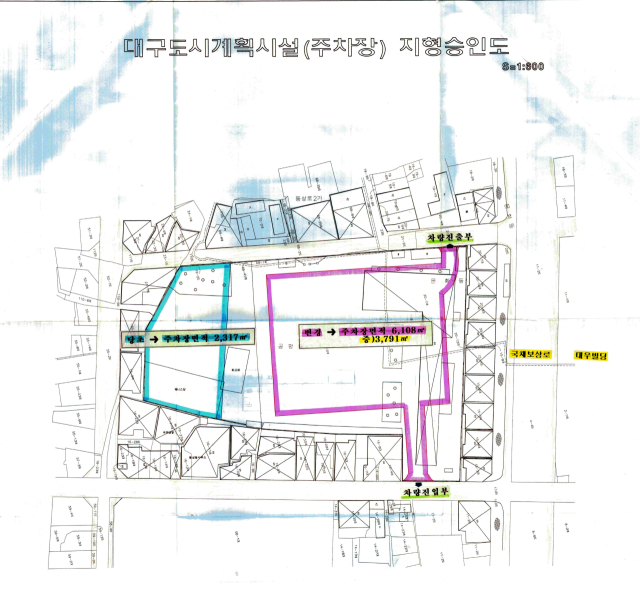 2.28 기념 중앙공원 지형승인도. 과거 대구중앙초등학교가 있던 자리에 공원과 주차장을 조성해 상권과 연결되는 열린 공간으로 바꾸려는 구상이 담겼다. 토지이음 제공.