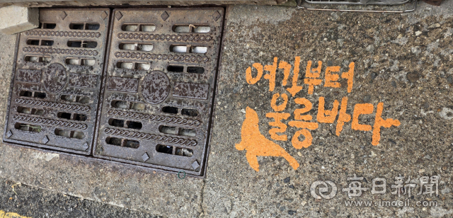 울릉도 지역에 하천 배수구에 설치된 해양 보호 내용이 담긴 문구가 그려져 있다..조준호 기자