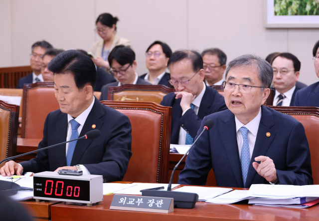 조현 외교부 장관이 20일 국회에서 열린 외교통일위원회 전체회의에서 호르무즈해협에서 발생한 HMM 나무호의 피격 사건과 관련한 현안 질의에 답하고 있다. 왼쪽은 정동영 통일부 장관. 연합뉴스
