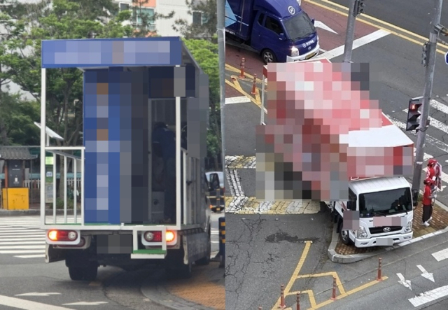 교통섬에 불법주차한 유세차량들. 더불어민주당 경상남도당 게시판, 온라인 커뮤니티.