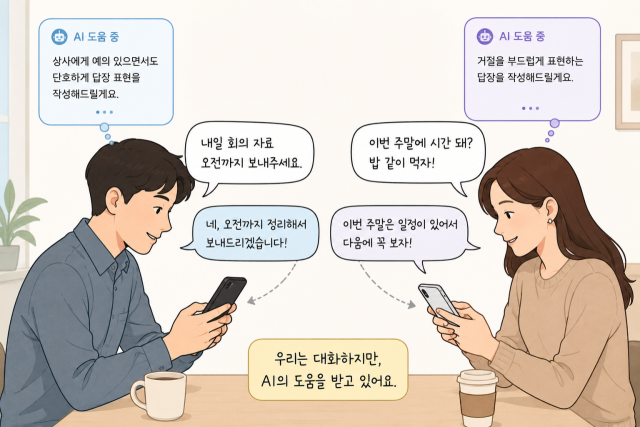 생성형 AI가 인간 사이의 대화와 관계 속으로 들어오기 시작한 모습을 AI 이미지로 구현했다. 상사 답장과 인간관계 대화까지 AI의 도움을 받아 작성하는 최근 일상 풍경이다.