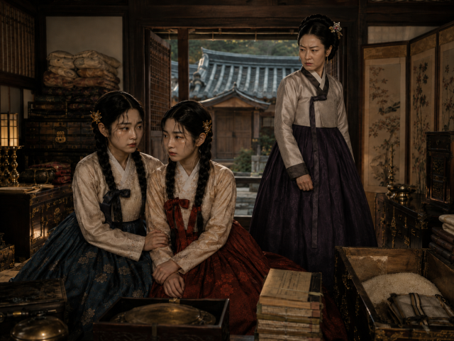 장화와 홍련 자매를 노려보는 계모 허씨. AI로 생성한 이미지