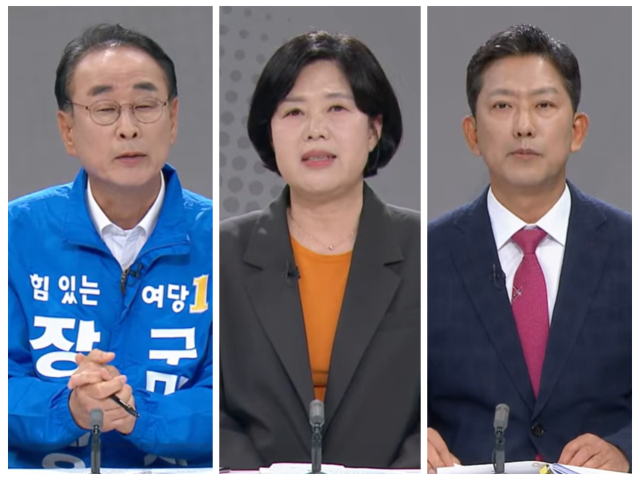 6·3 지방선거 경북 구미시장 선거에 출마한 후보들이 지난 26일 열린 후보자 토론회에서 주요 공약과 현안을 두고 공방을 벌였다. 왼쪽부터 장세용 더불어민주당 후보, 조순자 개혁신당 후보, 김장호 국민의힘 후보