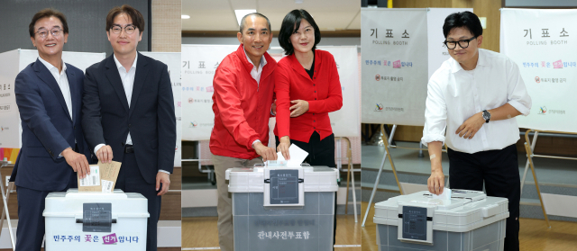 6·3 선거 최대 관심지로 꼽히는 부산 북갑 국회의원 보궐선거 후보들이 사전투표 첫날인 29일 일제히 소중한 한표를 행사했다. 왼쪽부터 덕천2동 행정복지센터에서 더불어민주당 전재수 부산시장 후보와 투표한 하정우 후보, 만덕2동 행정복지센터에서 아내 배정혜씨와 투표한 국민의힘 박민식 후보, 같은 곳에서 투표한 무소속 한동훈 후보. 연합뉴스