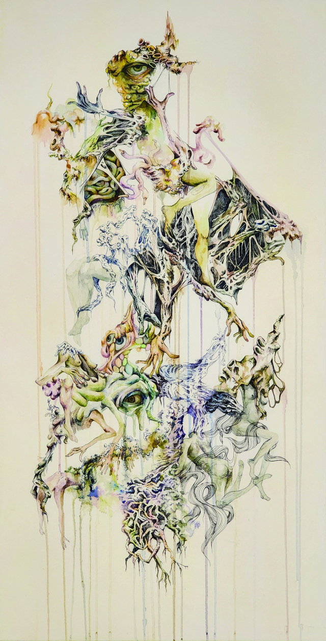 장세림, 장식의 나르시시즘, 100x50cm, 종이에 수채, 펜, 2024